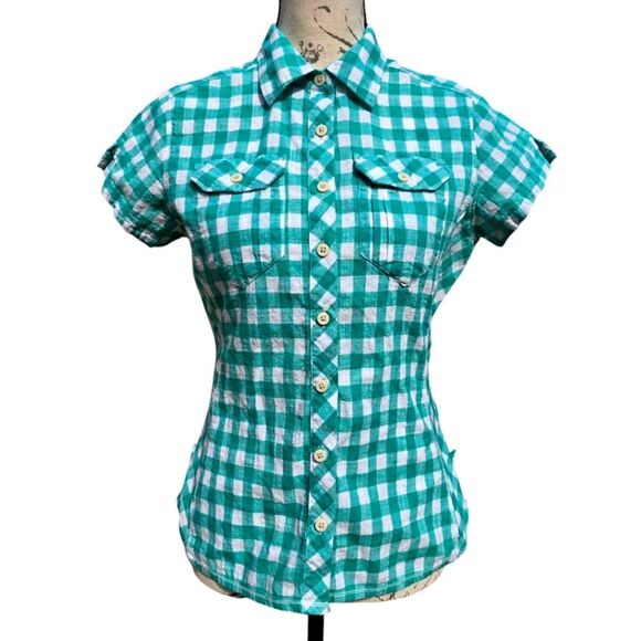 Columbia Women's Gingham Checked Button Up Green White‎ Short Sleeve Small - Picture 1 of 9